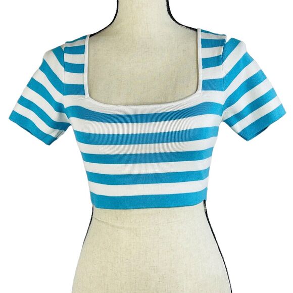 Zara Medium Cropped Top Striped Square Neck Knit Stretch Short Sleeve Teal Blue - Picture 1 of 6